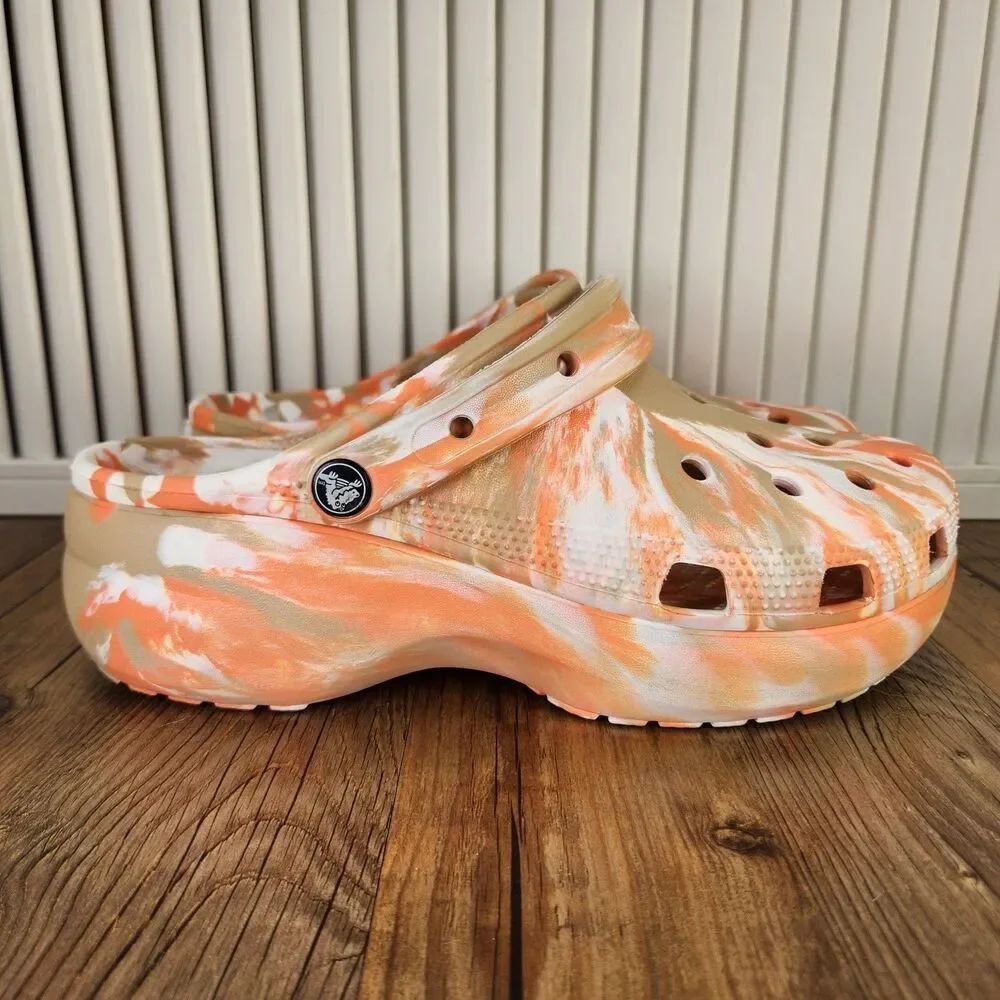 Crocs Classic Platform Clog Womens Sz 11 Marbled Bone Orange Brown Shoes 207176